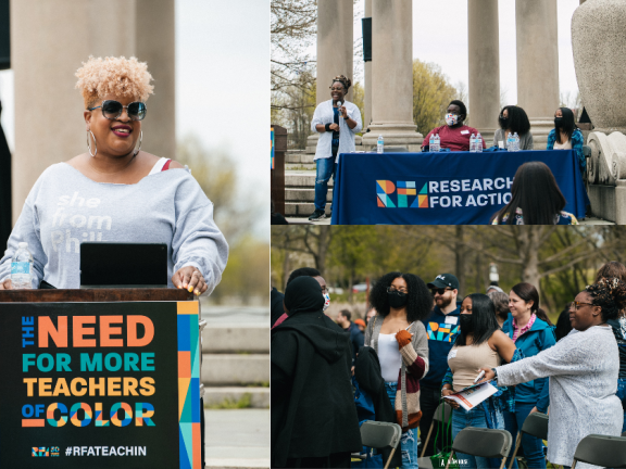 A collage of images featuring a woman speaking at a podium, a panel of speakers, and members of the audience. 