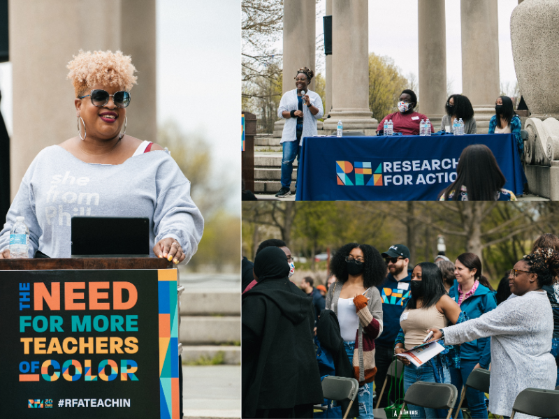 A collage of images featuring a woman speaking at a podium, a panel of speakers, and members of the audience. 